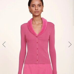Staud Celina Pink Faux Fur Trimmed Button Ribbed Cardigan Size Large